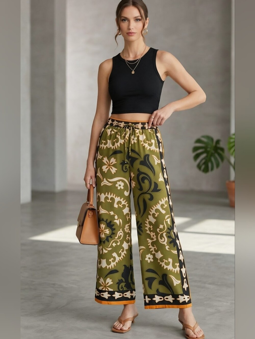 NWT Rachel Zoe Satin Palazzo Pants Olive Green Boho Medallion Print Wide Leg Lg